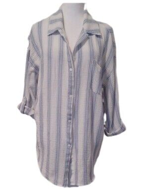 ** Coastal Comfort Women's White & Blue Striped Button-Up Shirt Size Large